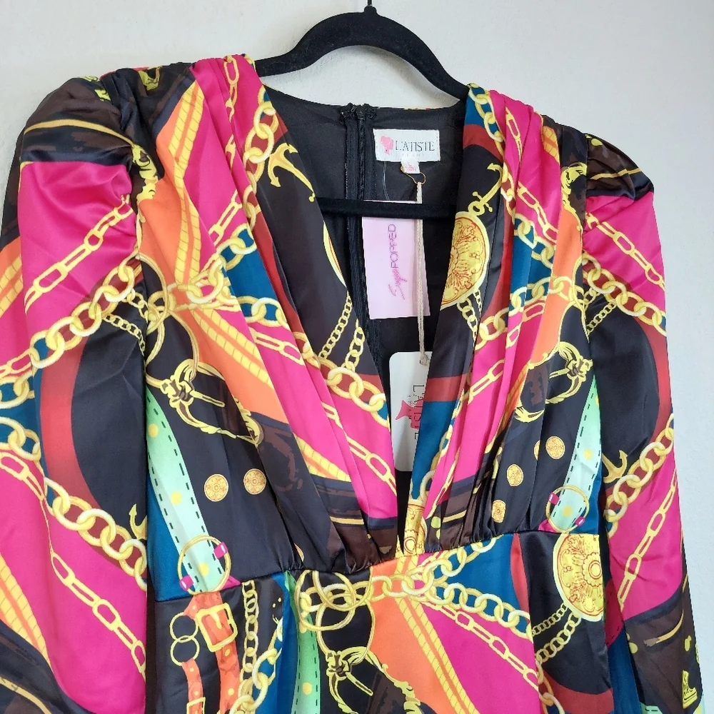 L'atiste V Neck Multicolored Long Sleeve Mini Dress Size Large NWT‎ - Picture 2 of 10